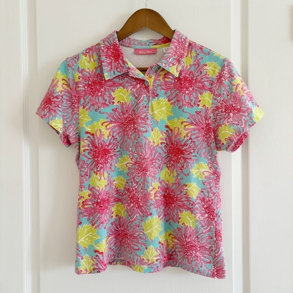 Key West Vintage Floral Lilly Print Polo Shirt Large Summer Resortwear